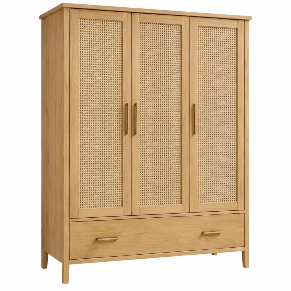 Kledingkast met 3 deuren en lade, 120 x 55 x 190 cm, naturel eikenhout met rotan