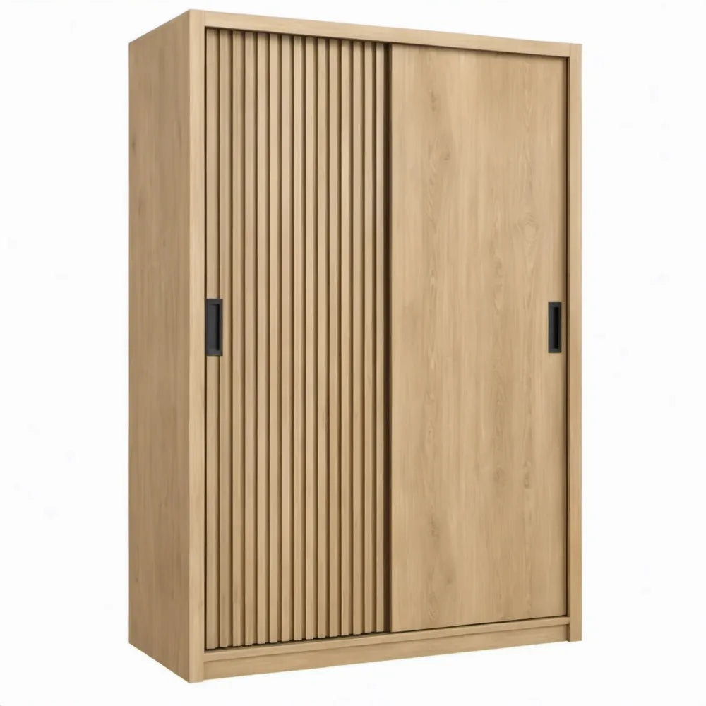 Schuifdeurkast 120 x 60 x 200 cm in naturel eiken met zwarte handgrepen