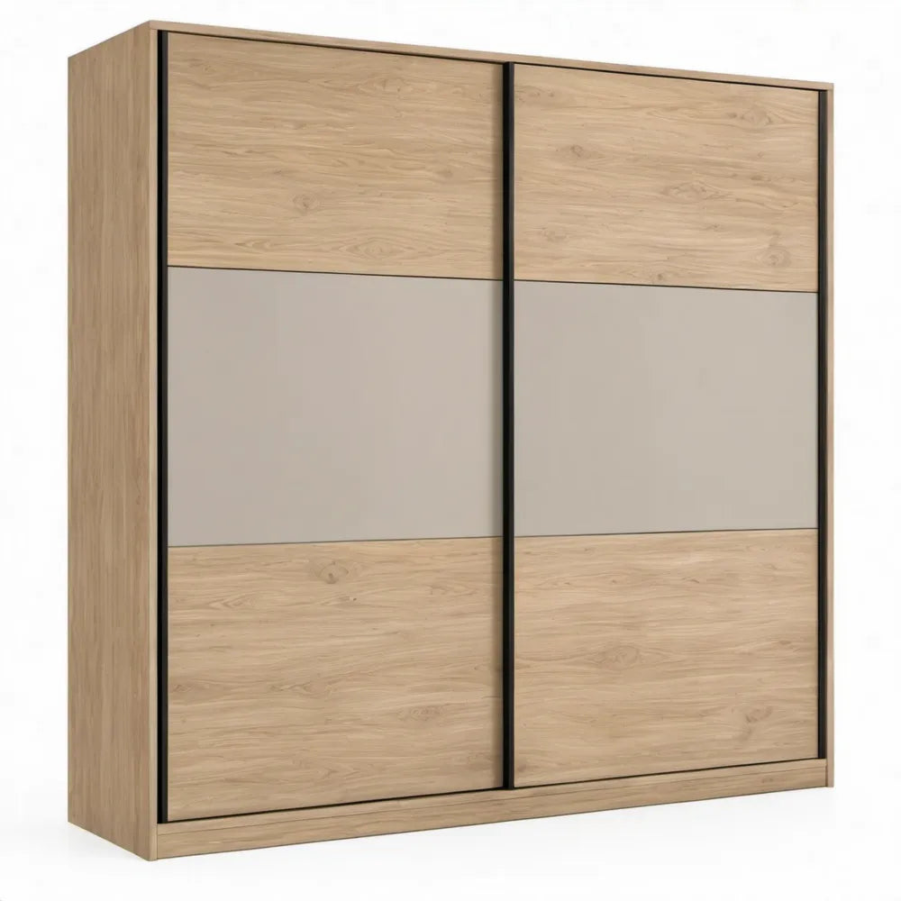 Schuifdeurkast met 2 deuren, 180 x 60 x 200 cm, licht eiken, taupe en zwart