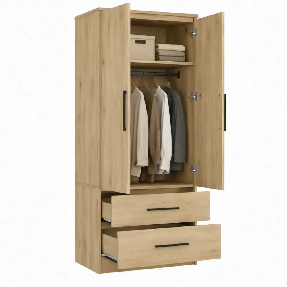 Eikenkleurige kast met 2 draaideuren, 2 lades, kledingroede en legplank, 80 x 52 x 190 cm