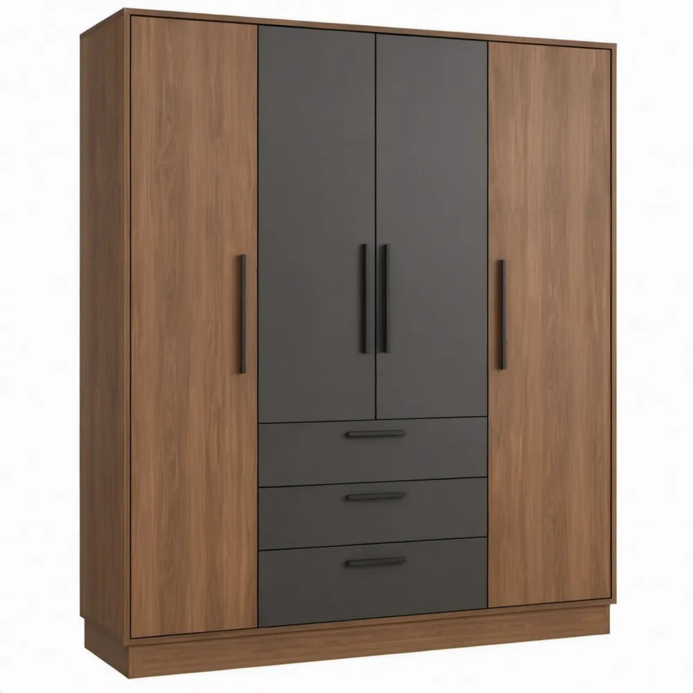 Kledingkast met 4 deuren en 3 lades, 180 x 52 x 200 cm, walnoot en antraciet