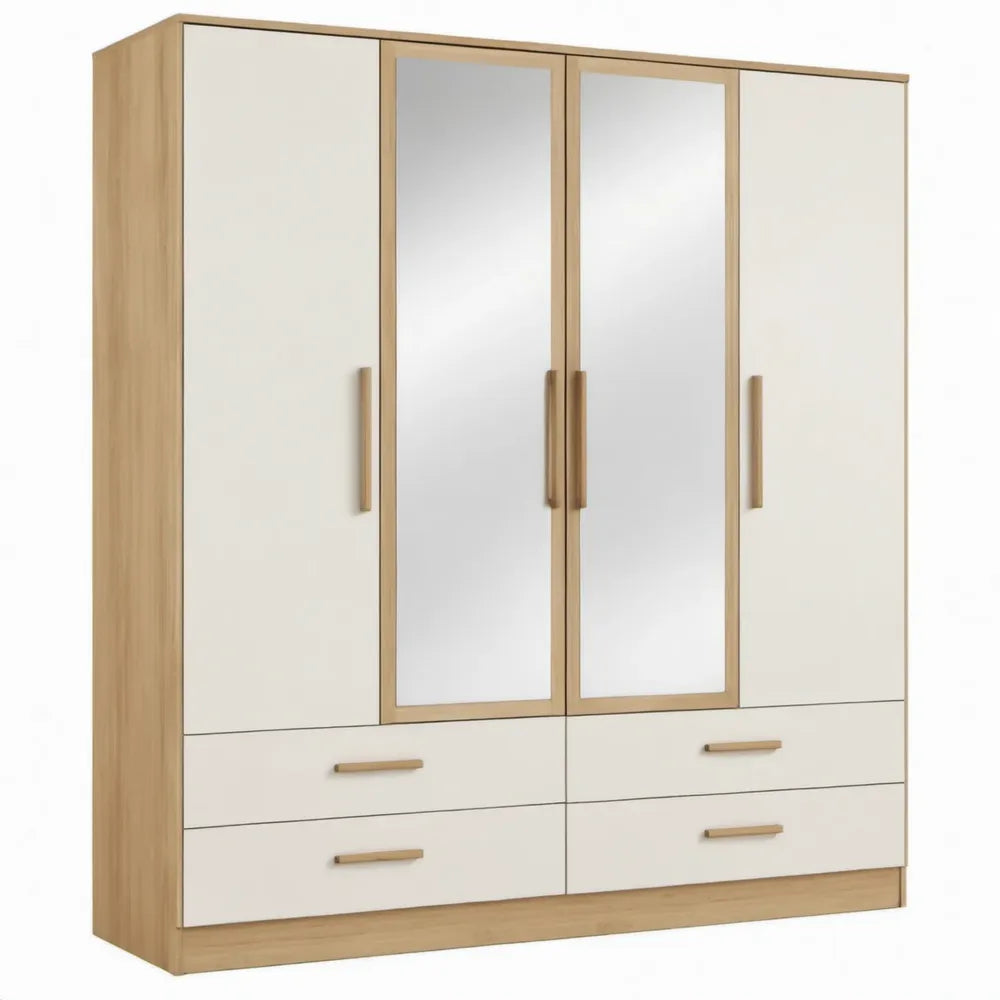 Kledingkast met 4 draaideuren, 2 spiegels en 4 lades – 180 x 52 x 200 cm – Eikenkleurig/Wit