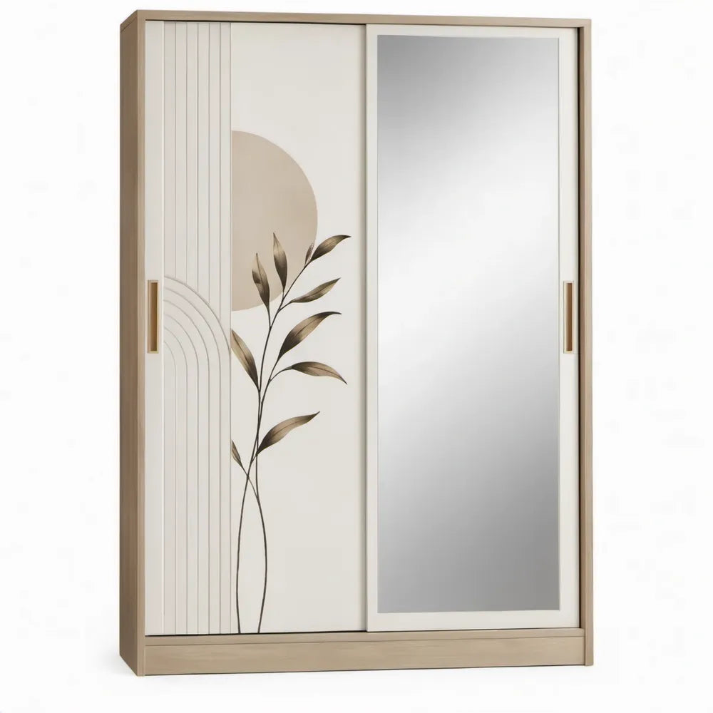 Schuifdeurkast met spiegel en botanische print, 120 x 60 x 200 cm, crème/licht eiken/grijs/goud