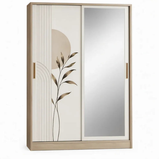 Schuifdeurkast met spiegel en botanische print, 120 x 60 x 200 cm, crème/licht eiken/grijs/goud