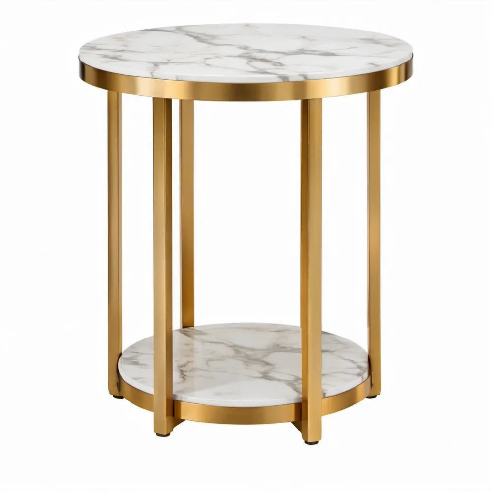 Ronde bijzettafel met 2 wit-grijze marmerlookbladen en goudkleurig frame Ø 50 x 60 cm