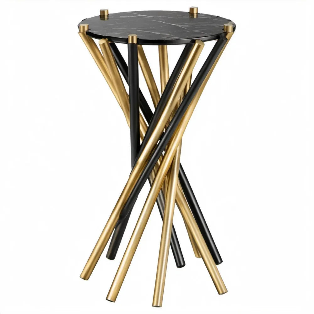 Ronde bijzettafel Ø 40 x 60 cm met zwart marmerlook glazen blad en zwart-goudkleurig stalen onderstel