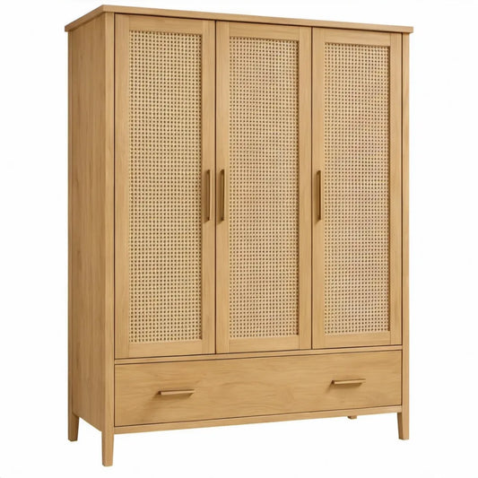 Kledingkast met 3 deuren en lade, 120 x 55 x 190 cm, naturel eikenhout met rotan