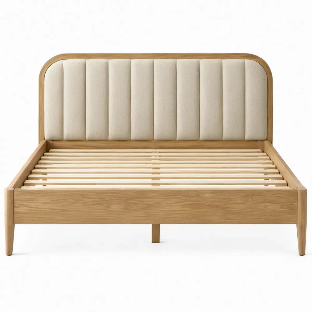 Eikenhouten bedframe 160 x 200 cm met lattenbodem en beige gestoffeerd hoofdbord