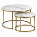 Set van 2 ronde tafels met wit marmerlook blad en goudkleurig stalen frame – Ø 80 x 45 cm en Ø 60 x 38 cm