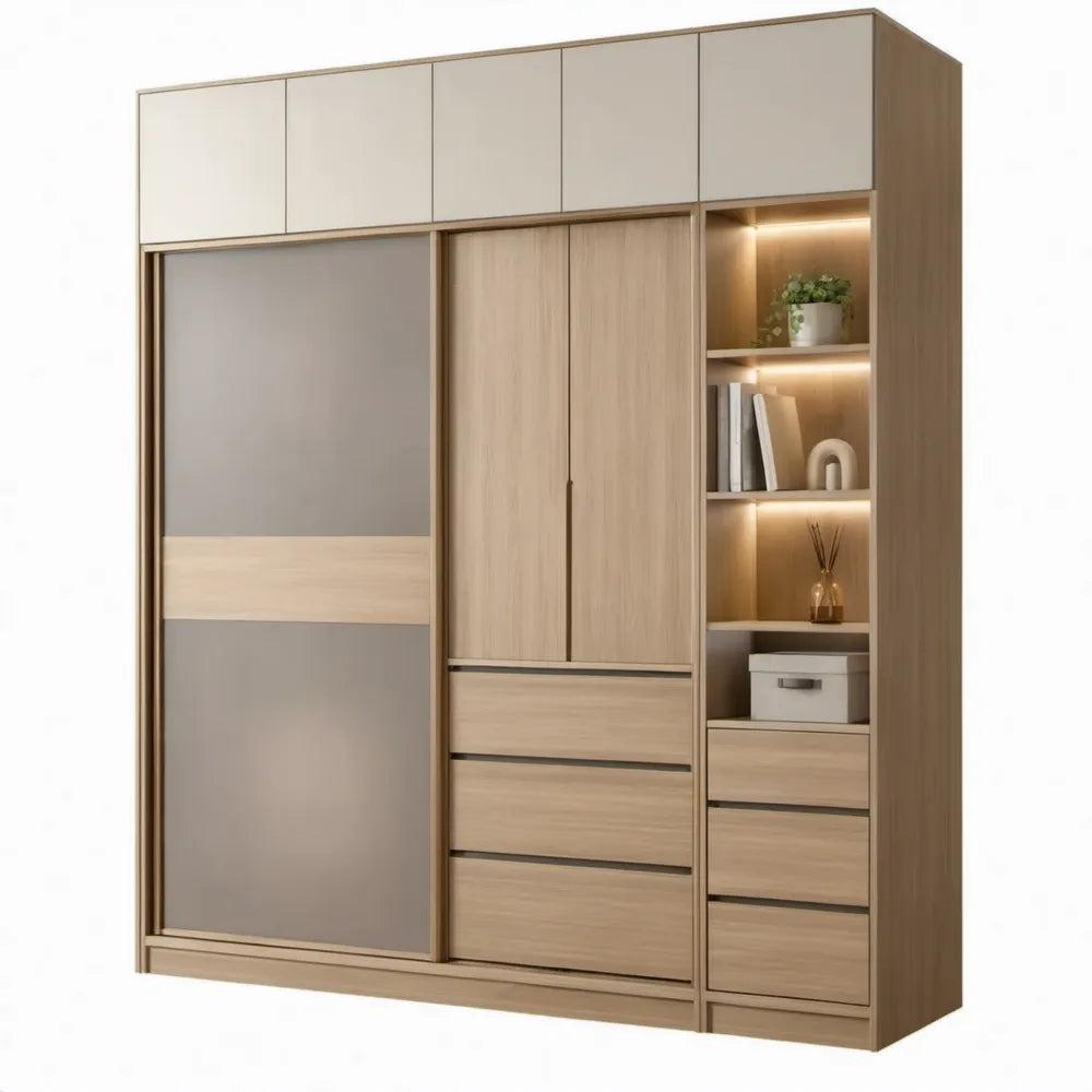 Kledingkast 200 x 60 x 240 cm met schuifdeur, draaideuren, lades en warmwitte ledverlichting – Licht eiken/Greige