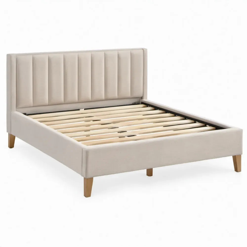 Gestoffeerd beige fluwelen bedframe met lattenbodem en hoofdbord, 160 x 200 cm