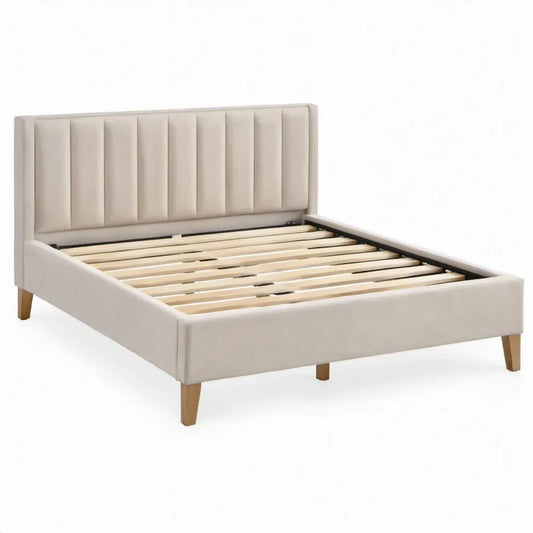 Gestoffeerd beige fluwelen bedframe met lattenbodem en hoofdbord, 160 x 200 cm