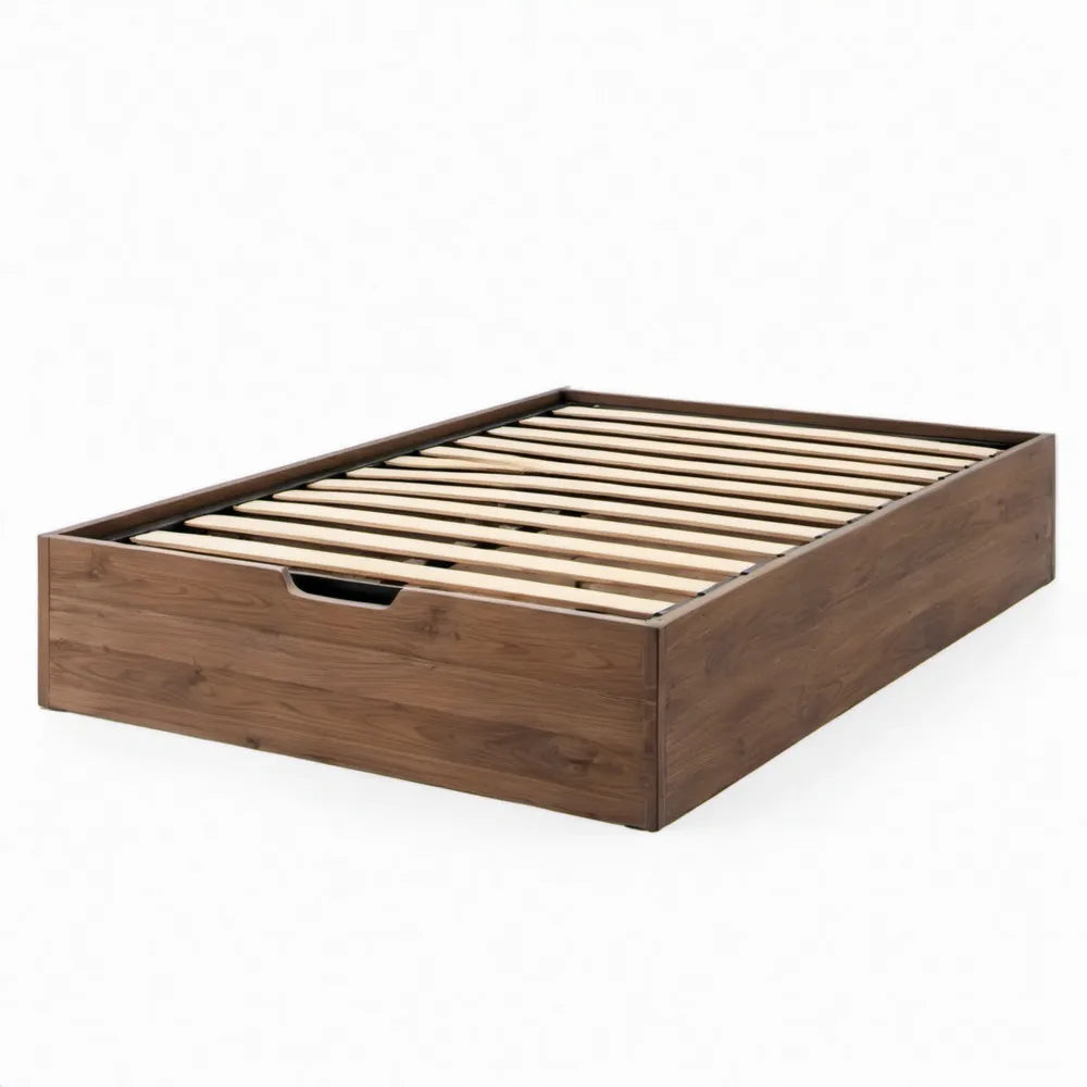 Walnootbruin bedframe met uittrekbare opberglade en lattenbodem 140 x 200 cm