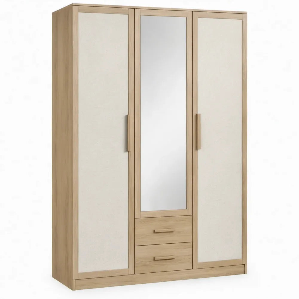 3-deurs kledingkast met spiegel en 2 laden, 120 x 52 x 200 cm, licht eiken/wit