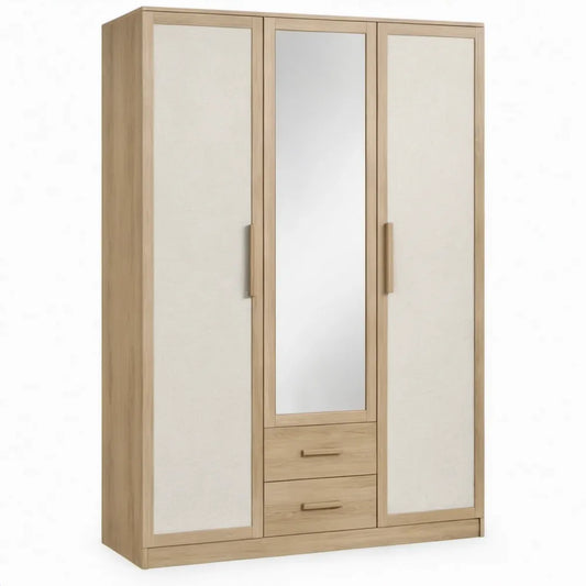 3-deurs kledingkast met spiegel en 2 laden, 120 x 52 x 200 cm, licht eiken/wit