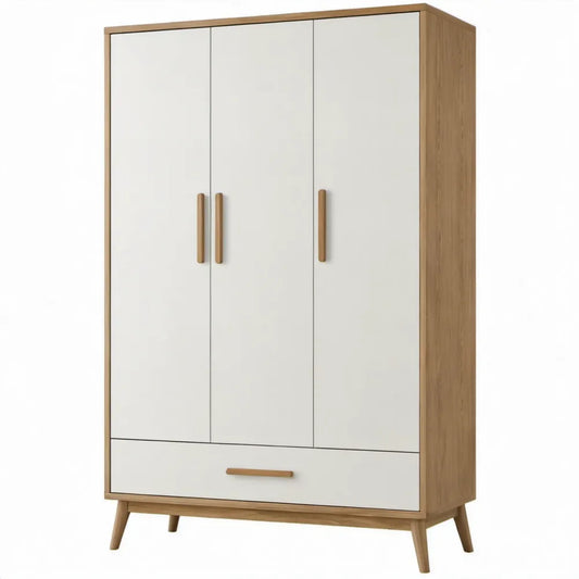 Kledingkast met 3 deuren en 1 lade, 120 x 52 x 190 cm, Wit/Eikendecor