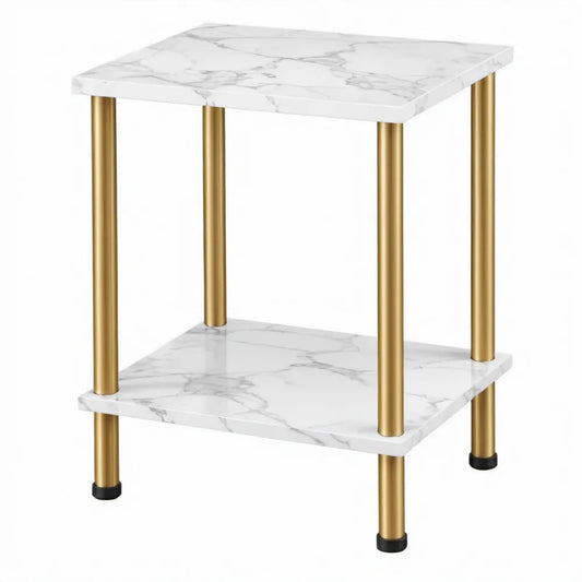 Vierkante bijzettafel met 2 planken 40 x 40 x 55 cm marmerlook wit/grijs en goud