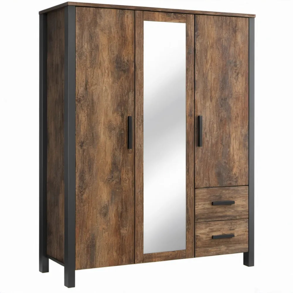 Industriële kledingkast met spiegel en 2 lades, 120 x 52 x 190 cm, donkerbruin/zwart