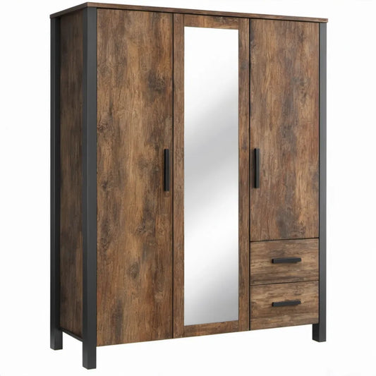 Industriële kledingkast met spiegel en 2 lades, 120 x 52 x 190 cm, donkerbruin/zwart