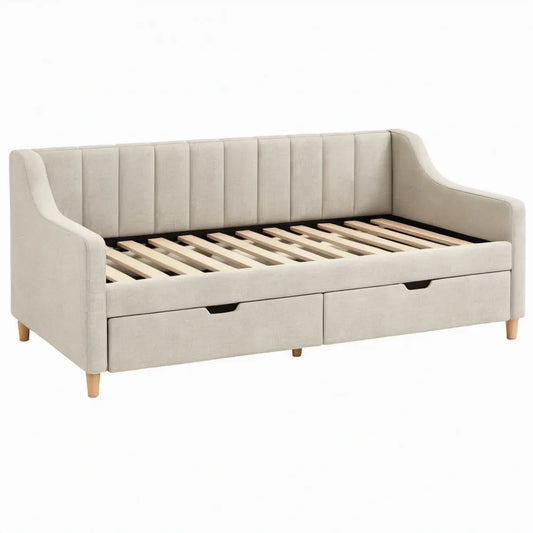 Eenpersoonsbed met 2 lades 90 x 200 cm Beige polyesterfluweel