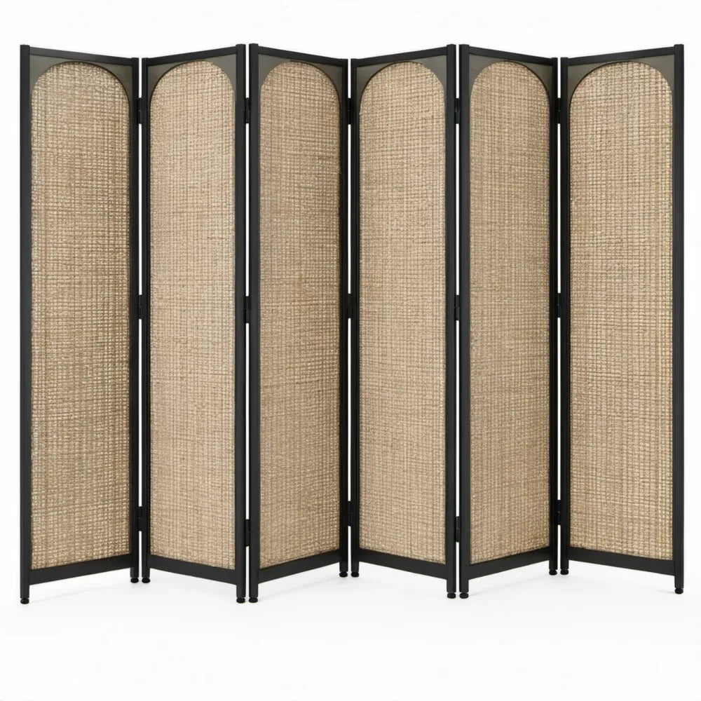 Kamerscherm met 5 panelen, 250 x 180 cm, zwart en naturel beige, stalen frame met PE-vlechtwerk