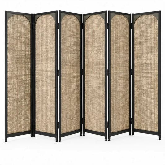 Kamerscherm met 5 panelen, 250 x 180 cm, zwart en naturel beige, stalen frame met PE-vlechtwerk