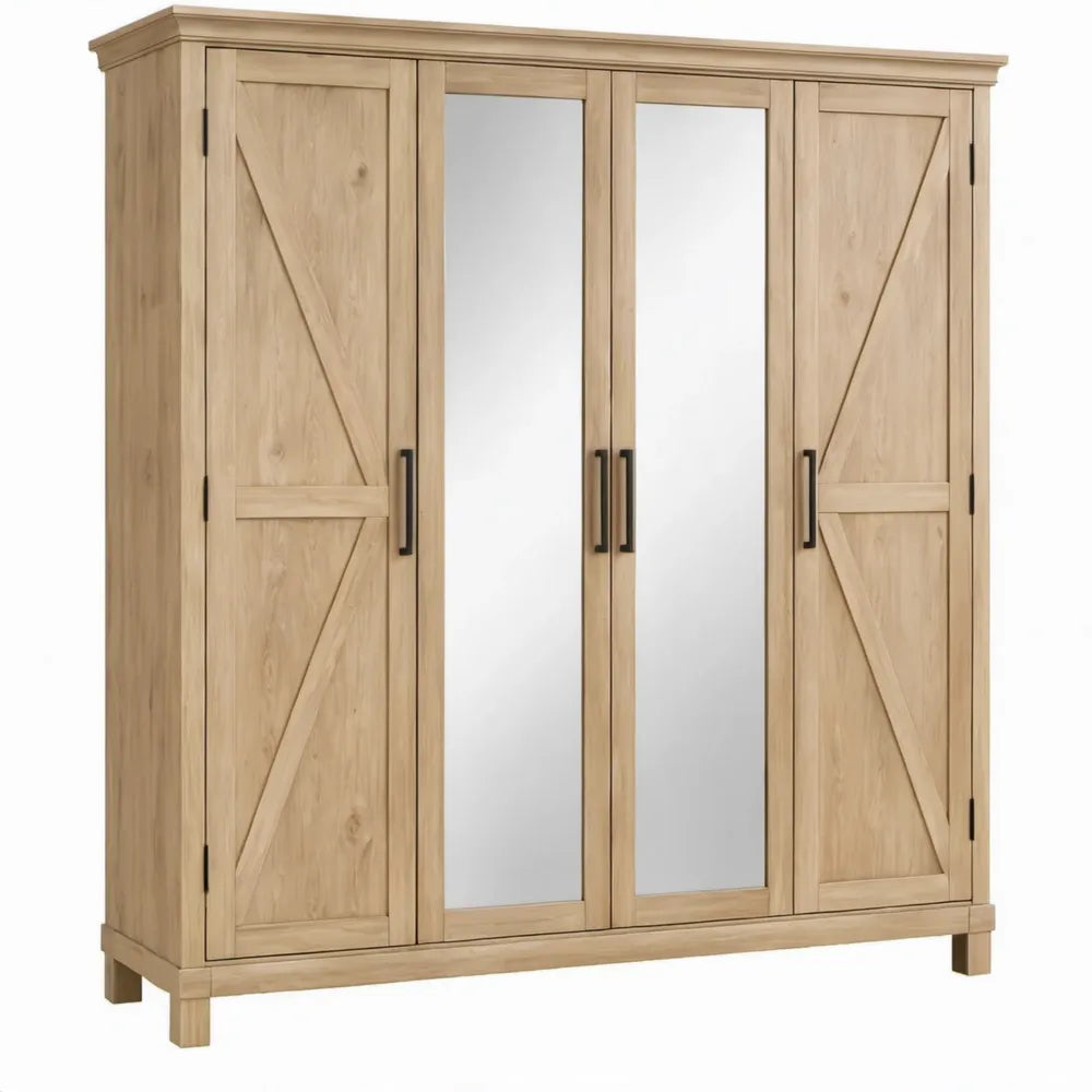 Massief eikenhouten kledingkast met 4 deuren en 2 spiegeldeuren, naturel, 180 x 58 x 200 cm