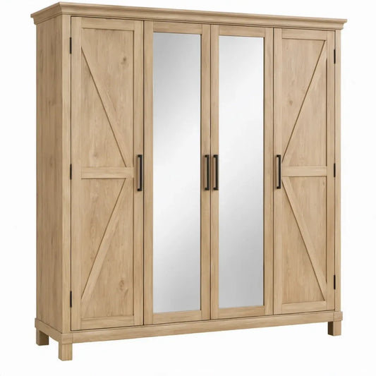 Massief eikenhouten kledingkast met 4 deuren en 2 spiegeldeuren, naturel, 180 x 58 x 200 cm