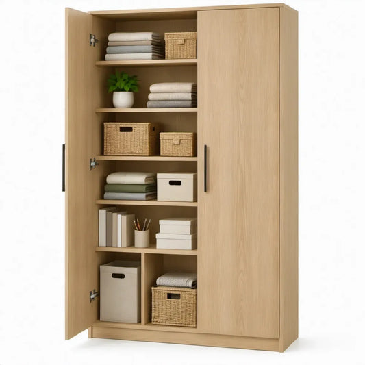 Opbergkast met 2 draaideuren en 5 legplanken, 100 x 50 x 200 cm, licht eiken met zwarte handgrepen