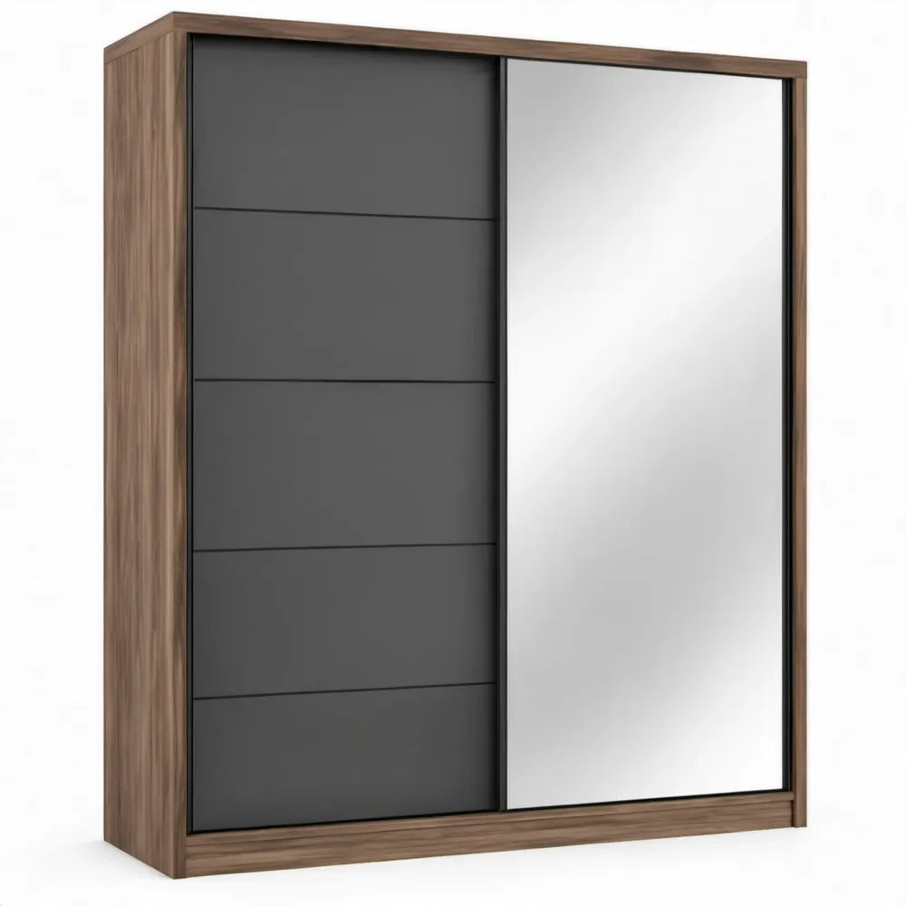 Schuifdeurkast met spiegel, 180 x 60 x 200 cm, walnootkleurig/antraciet/zilver