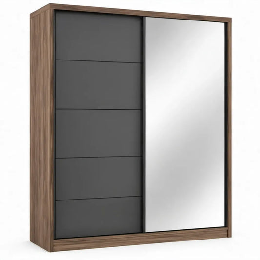 Schuifdeurkast met spiegel, 180 x 60 x 200 cm, walnootkleurig/antraciet/zilver
