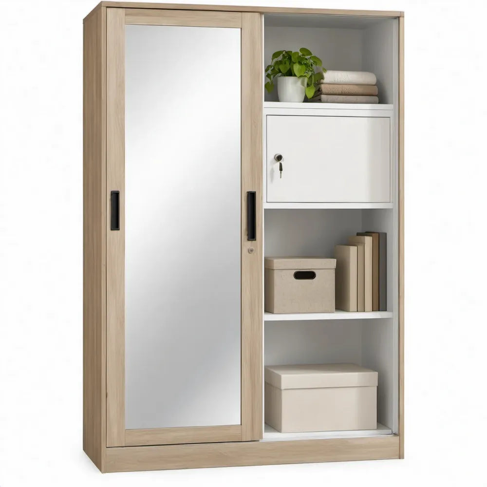 Kledingkast met spiegel-schuifdeur, open vakken en slot, 100 x 50 x 200 cm, licht eiken en wit