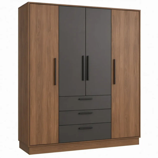 Kledingkast met 4 deuren en 3 lades, 180 x 52 x 200 cm, walnoot en antraciet