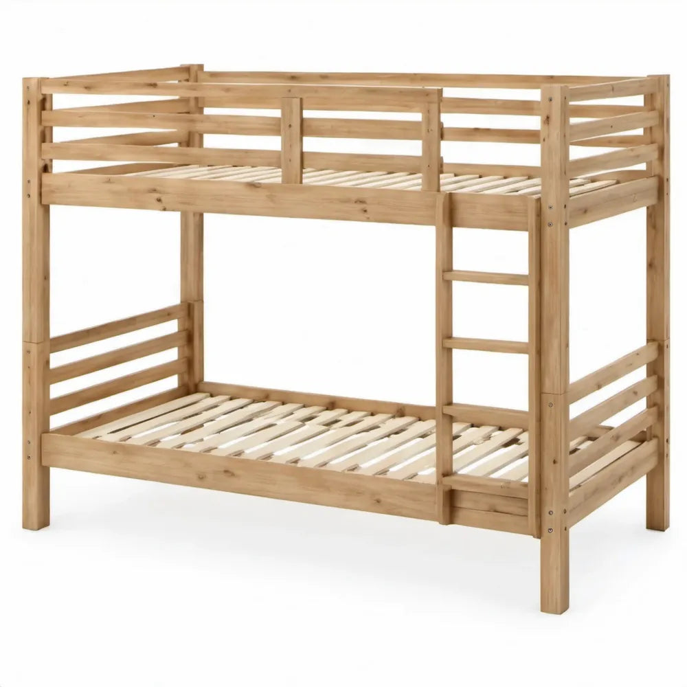Stapelbed van massief grenenhout 90 x 200 cm met ladder en lattenbodems, Naturel