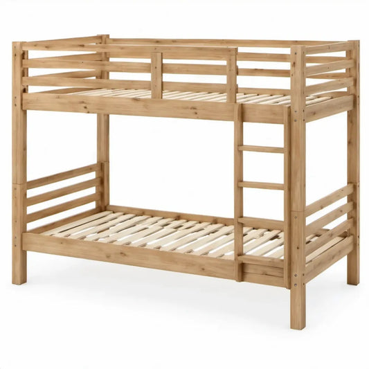 Stapelbed van massief grenenhout 90 x 200 cm met ladder en lattenbodems, Naturel