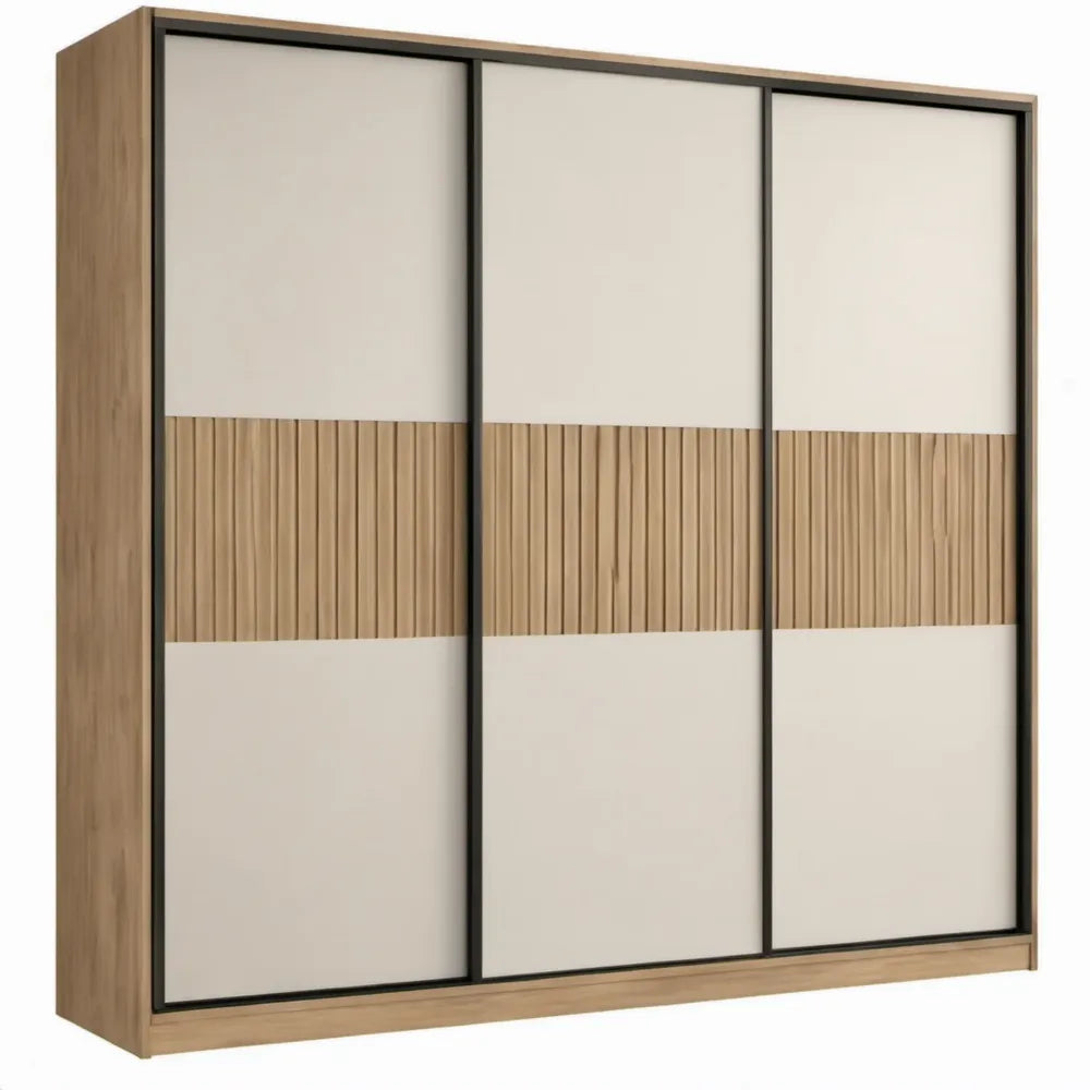 Schuifdeurkast met 3 deuren, 180 x 60 x 200 cm, eikenkleurig/crème/zwart