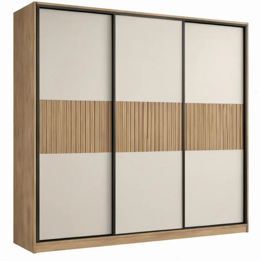 Schuifdeurkast met 3 deuren, 180 x 60 x 200 cm, eikenkleurig/crème/zwart