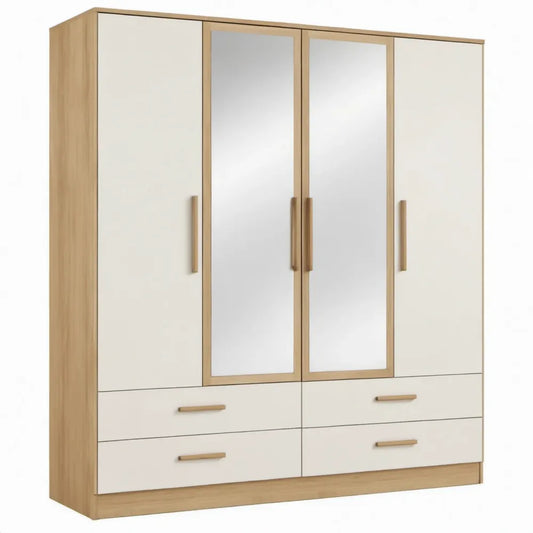 Kledingkast met 4 draaideuren, 2 spiegels en 4 lades – 180 x 52 x 200 cm – Eikenkleurig/Wit